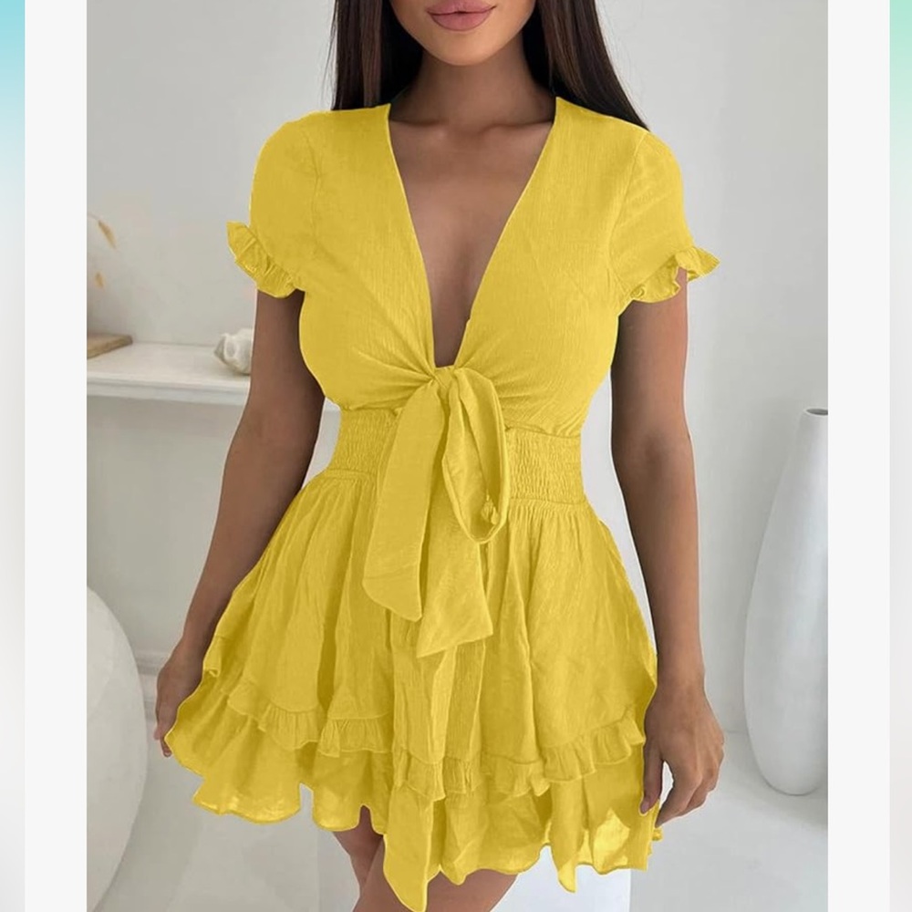 Yellow Flutter Sleeve Tie-Front Mini Dress - Picture 6 of 8